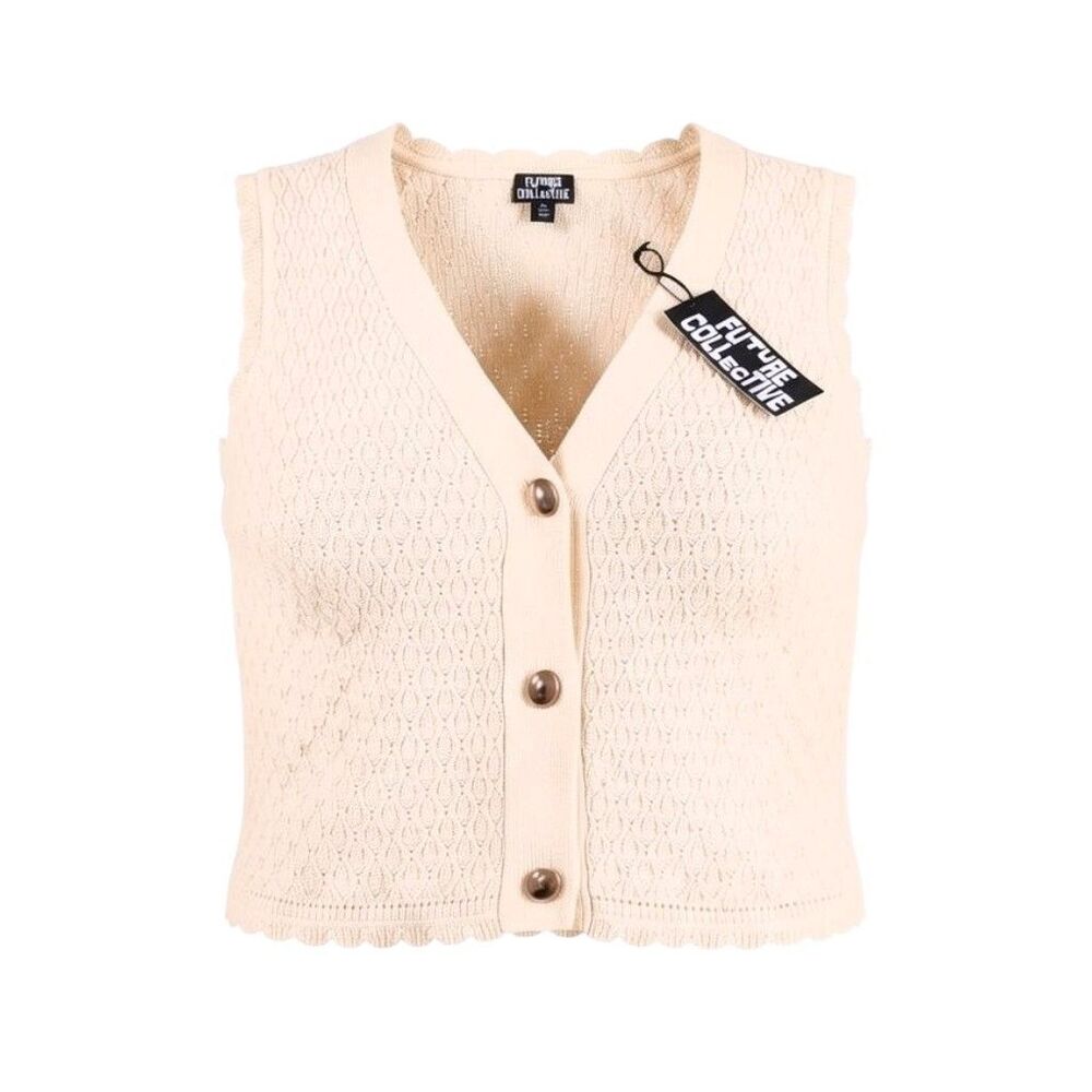 Future Collective Gold Button Front Pointelle Sweater Vest Cream Sz 2XL NWT